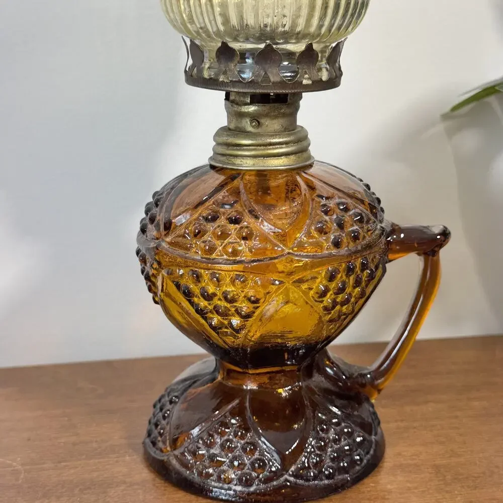 Antique P&A Mfg Co Amber Glass Oil Lamp Hobnail Pattern with Fluted Shade